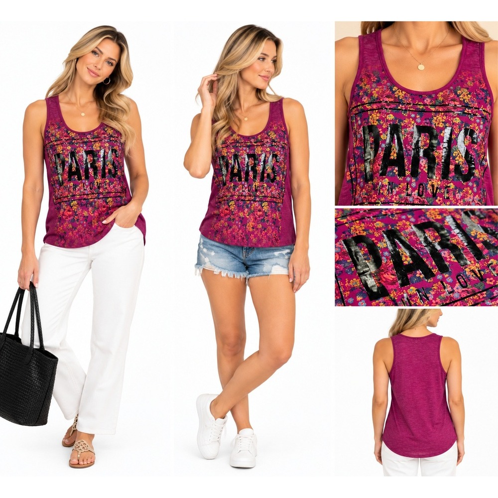 Self Esteem M Tank Top Purple Paris In Love Floral Graphic Y2K Boho Festival Tee